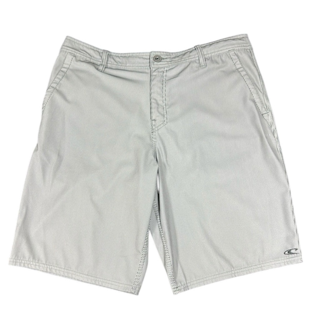 O’Neill hybrid, swim trunk flat front shorts subtle pinstripe gray 34
